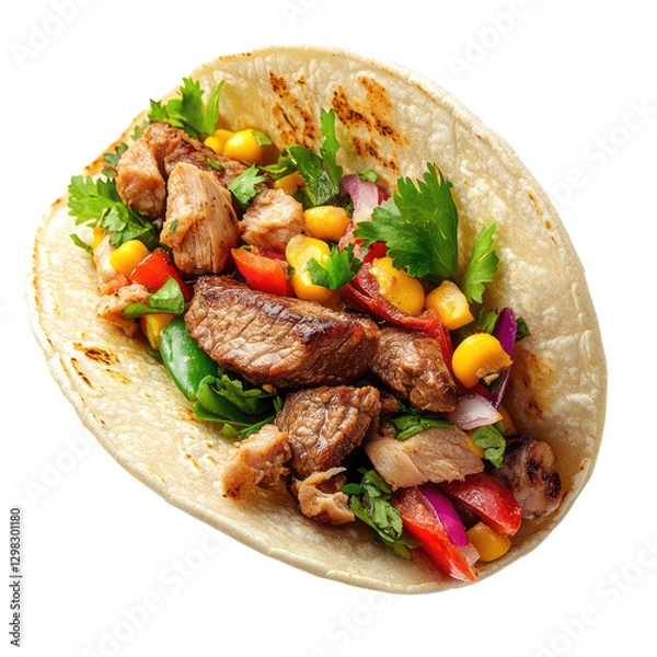 Fototapeta A floating taco with steak, chicken, and vegetables, isolated on a transparent background,