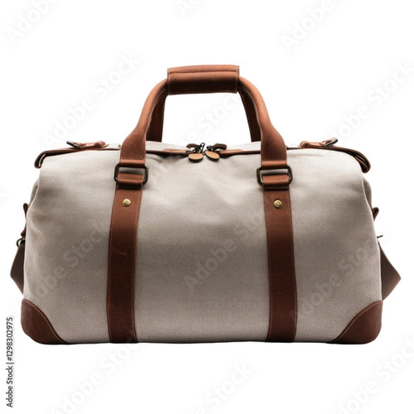 Fototapeta A light gray canvas and leather travel duffel bag with brown straps, on transparent background,