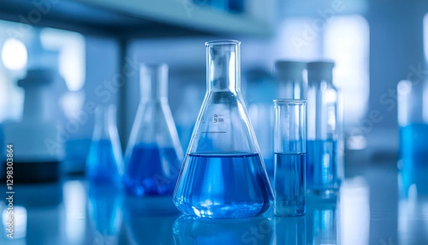 Fototapeta flask and glassware equipment in chemistry science laboratory blue banner background