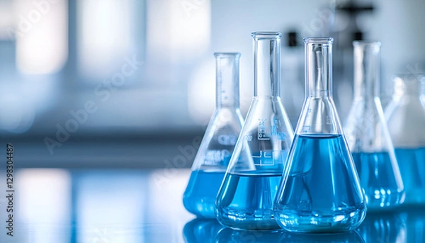 Obraz flask and glassware equipment in chemistry science laboratory blue banner background