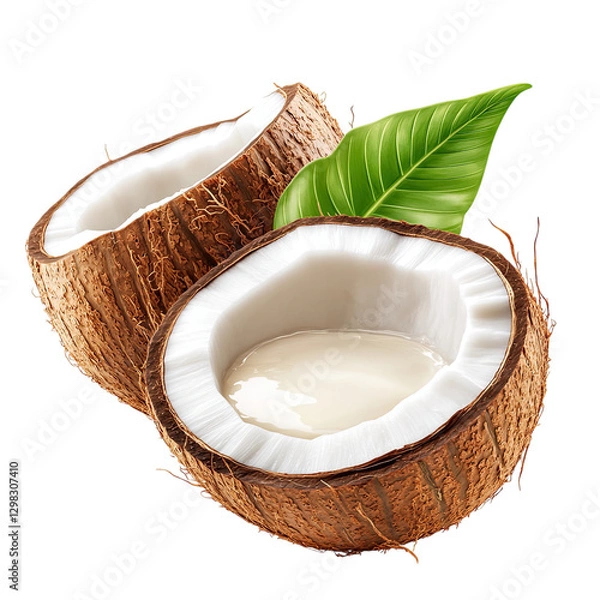Fototapeta A coconut with its shell open and white milk flowing out, with green palm leaves behind it on an transparent background