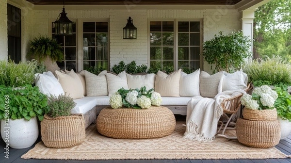 Fototapeta Rustic porch seating area with potted plants