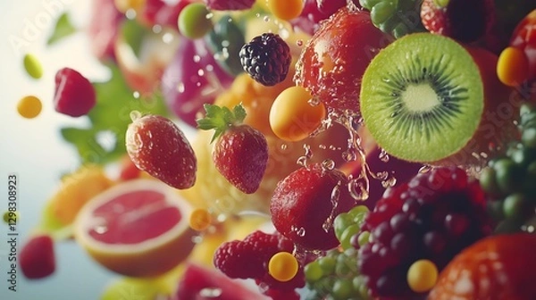 Fototapeta Burst of Flavors: A dazzling display of fresh, colorful fruits suspended in mid-air, conveying vibrancy and health with a refreshing visual cascade.