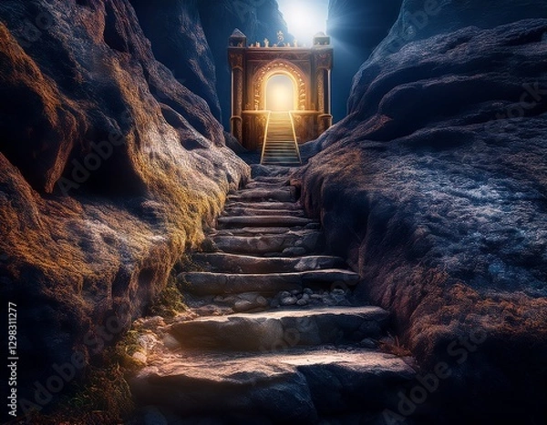 Fototapeta A narrow staircase carved into a rocky cliff, leading to a small, glowing gate.
