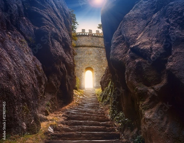 Fototapeta A narrow staircase carved into a rocky cliff, leading to a small, glowing gate.