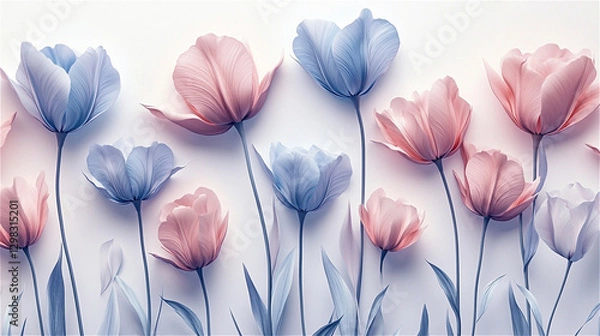 Fototapeta A delicate floral arrangement of stylized tulips in soft pink and blue hues on a light background. The elegant flowers and subtle colors create a serene, artistic composition.