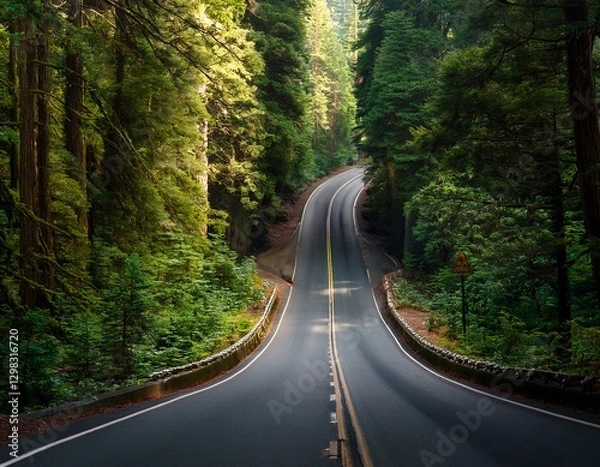 Fototapeta A thin, winding road cutting through a dense forest, ending at a narrow entrance.