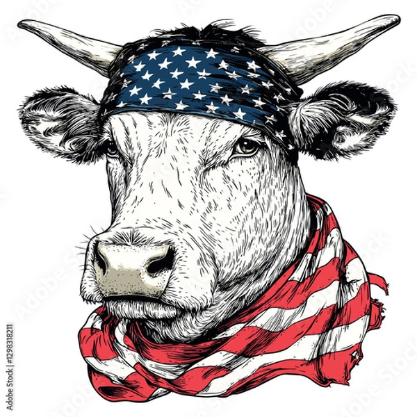Fototapeta USA Flag Bandana Cow Head Vector – Vintage Wild West Ranch Emblem. Ideal for apparel, stickers, and rustic home decor designs.