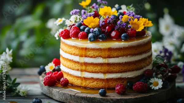 Fototapeta Delicious honey cake adorned with colorful wildflowers and fresh berries on a rustic wooden table in a sunny garden