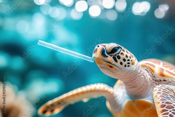 Fototapeta Sea Turtle Underwater with Straw in Mouth in Ocean Habitat