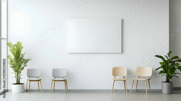 Fototapeta Minimalist Interior Design Featuring White Wall Wooden Chairs Potted Green Plants and Natural Light