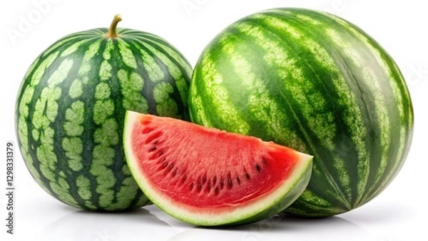 Obraz A large, seedless watermelon, vibrant and juicy, stands out against a clean white background.