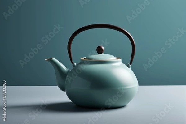 Fototapeta there is a tea pot with a wooden handle on a table