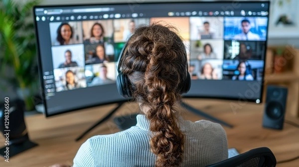 Obraz Engage Virtually Capture the Essence of Online Meetings with Stunning Visuals Showing a Woman Participating in a Video Conference Call, Emphasizing Collaboration, Remote Work, and the Power of