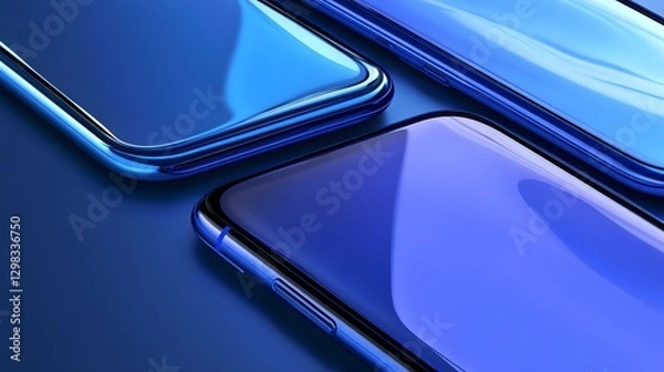Fototapeta Three blue smartphones are arranged on a smooth reflective surface