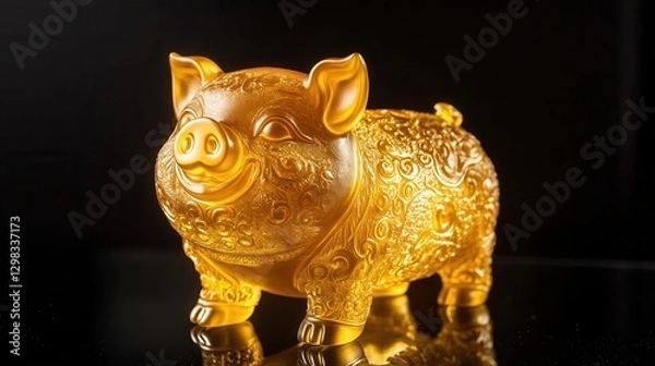 Fototapeta Elegant Golden Pig Figurine with Intricate Designs on Black Background