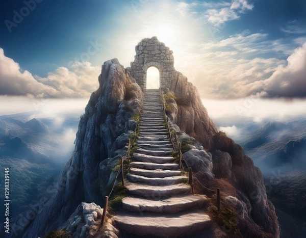 Fototapeta A mountain peak with a difficult, steep path carved into the rock, ending in a heavenly gate at the summit.