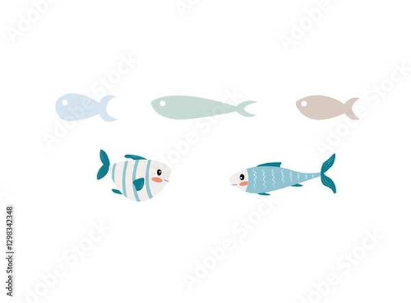 Obraz Set of Fish Vector Illustrations. Two Detailed and Three Simple Background Fish