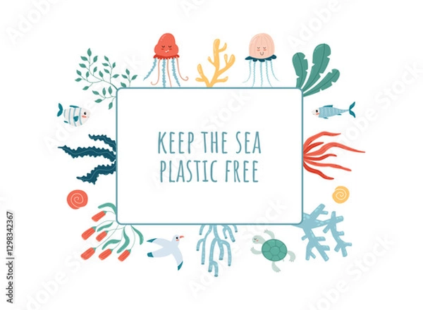 Obraz Keep That Sea Plastic Free. Vector Poster with Marine Animals and Plants