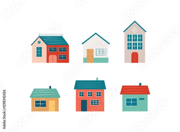 Obraz Various small tiny houses. Paper cut style. Flat design. Hand drawn trendy illustration. Scandinavian houses. Vector. Wight background