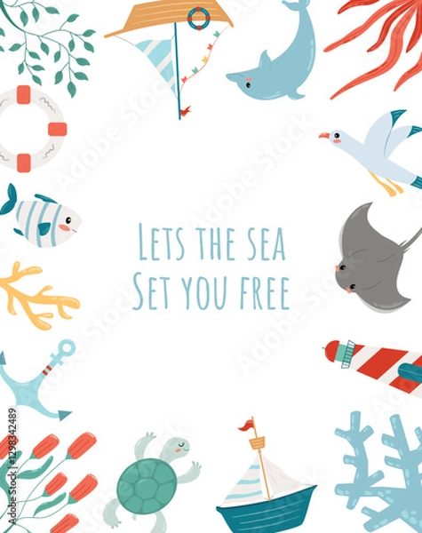 Obraz Let's the Sea Set You Free. Vector Poster with Marine Animals and Plants
