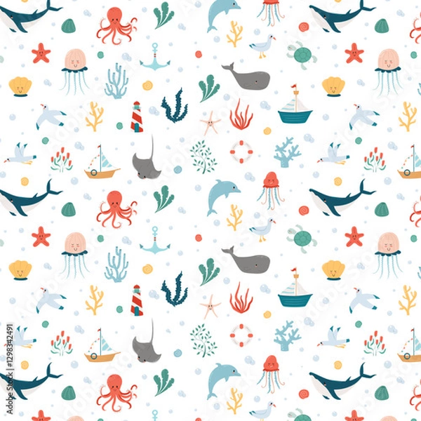 Obraz Ocean pattern on a white background. Pattern for wallpaper, packaging, children's items. Ocean. Marine animals. Vector