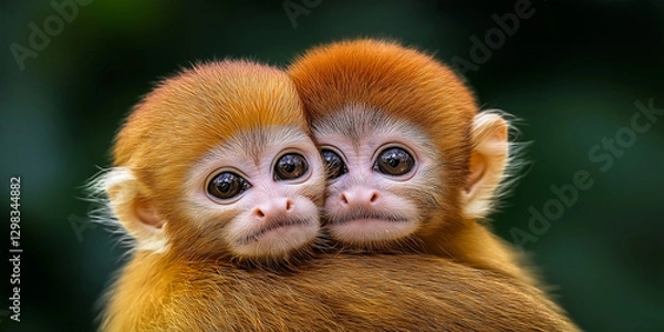Fototapeta Affectionate baby monkeys hugging and cuddling against blurred green backdrop