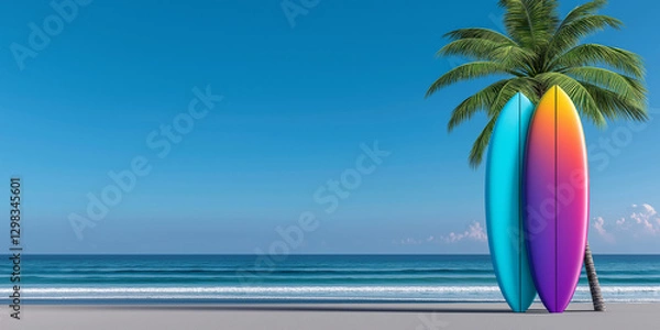 Fototapeta Colorful surfboards and palm tree, vibrant colors, summer vacation on beach with copy space