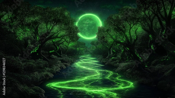 Fototapeta Glowing green forest and river, fantasy style, mystical nature scene against dark backdrop