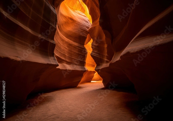Obraz Narrow passage through a red sandstone canyon with golden sunlight reflecting on its smooth walls, AI-generated scenic wonder.