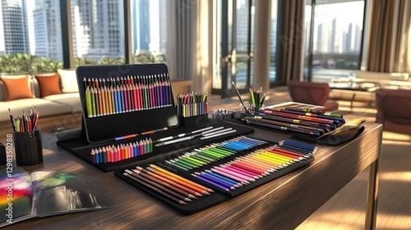 Fototapeta Artist's workstation, modern loft, city view