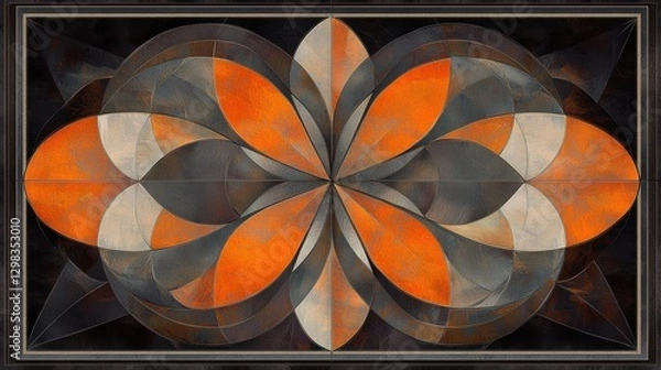 Fototapeta Abstract Art: A symmetrical design with overlapping circles and lines in orange, gray, and white.