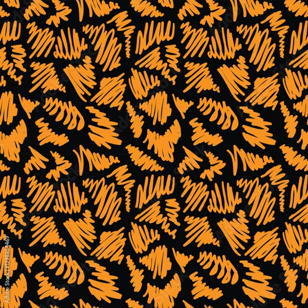 Fototapeta Abstract hand drawn doodle seamless pattern. Orange and black, hatched shaped on black backdrop