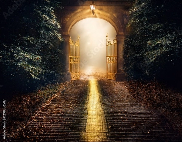 Fototapeta A narrow path leading to a glowing, golden gate, surrounded by darkness, symbolizing holiness and divine presence.