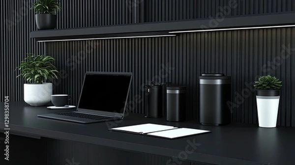 Fototapeta Minimalist black workspace with laptop, plants, and containers