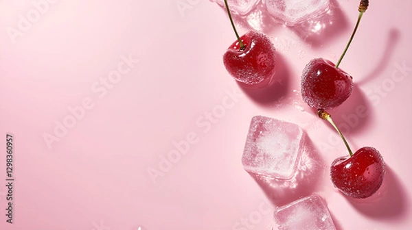 Fototapeta Pretty cherry frozen in round ice cubes with soft pink background.