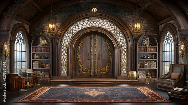 Fototapeta Grand Library Entrance  Medieval Study,  Ornate Doors, Majestic View