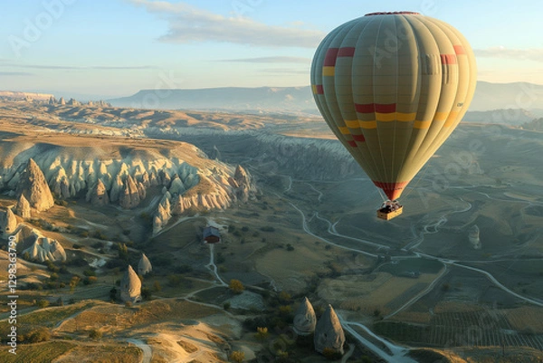 Fototapeta A stunning view of a hot air balloon floating gracefully over the unique landscape of Cappadocia, Turkey