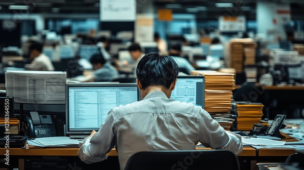 Fototapeta a corporate office environment, viewed across a large, open floor plan. Numerous employees are seated at their desks, deeply focused on their computer screens, indicative of a typical busy working day