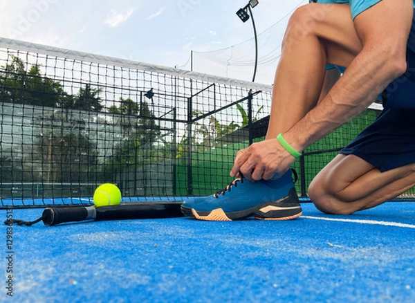 Fototapeta Man tying his sneakers on blue padel court outdoors next to racket and ball. Player getting ready for a match. Sports activity concept
