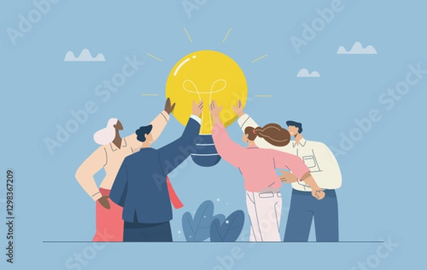 Fototapeta Creative brainstorming, Teamwork, Team or collaboration for business success, Sharing Ideas, Creative business team hand touching light bulb, Flat vector design illustration.