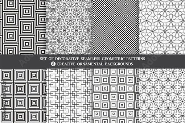 Obraz Set of Decorative Geometric Seamless vector patterns, 8 creative ornamental white and black backgrounds.
