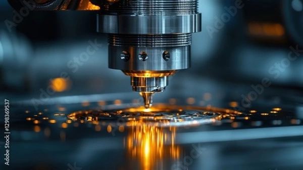 Obraz Precision industrial process close-up showcasing a metallic nozzle dispensing molten material onto a surface, creating a dynamic visual with sparks and reflections.