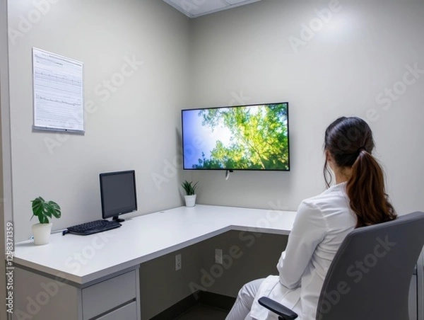 Fototapeta Modern Doctor's Office with Relaxing Nature View on Screen
