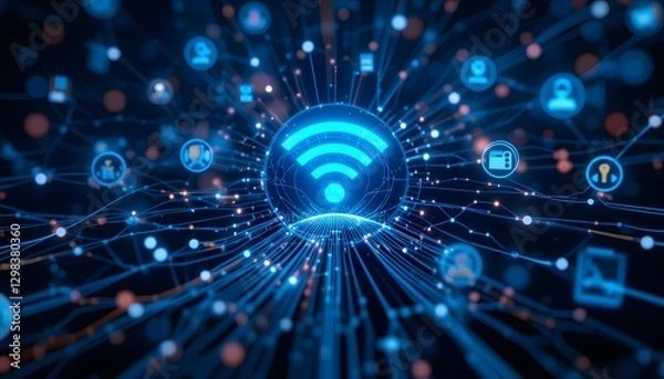 Fototapeta Futuristic Wireless Network Connection with Glowing Blue Wi-Fi Symbol