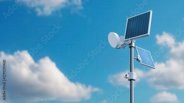 Fototapeta Science meteorology data concept. Solar panels on a pole against a blue sky with clouds.