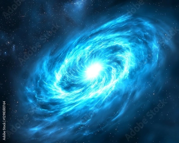 Fototapeta Blue galaxy swirls, light radiates outward. Space background ideal for sci-fi, tech concepts