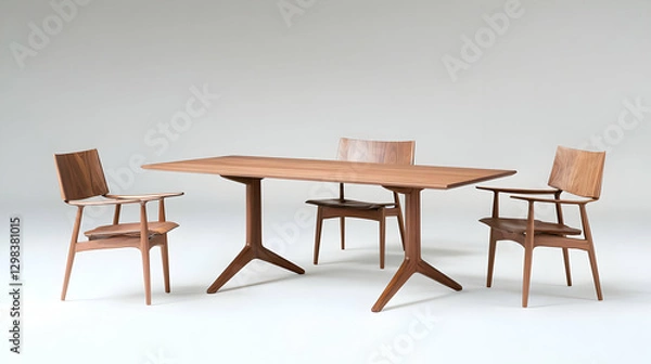 Fototapeta Wooden Dining Table With Four Chairs On White Background Studio Interior
