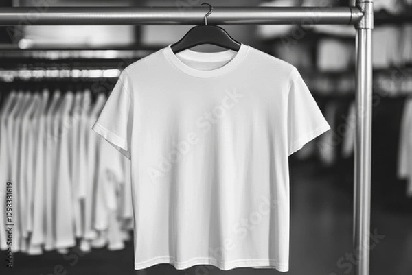 Fototapeta White t-shirt displayed on hanger with clothing store background showing multiple shirts hanging