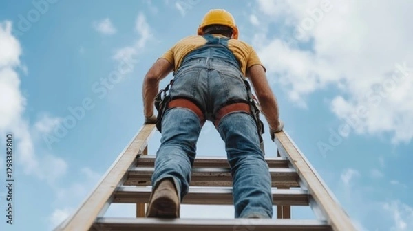 Fototapeta A determined and hardworking professional worker climbs a tall ladder to repair or maintain a rooftop structure on a high energy construction or industrial job site showcasing their skill
